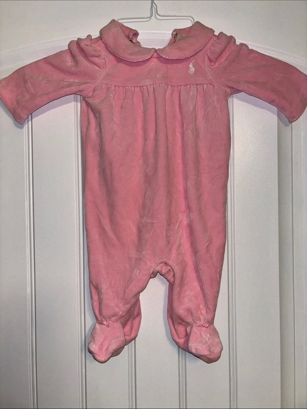 Vintage White Label Ralph Lauren Pink Velour Footed One-Piece Scalloped Collar
